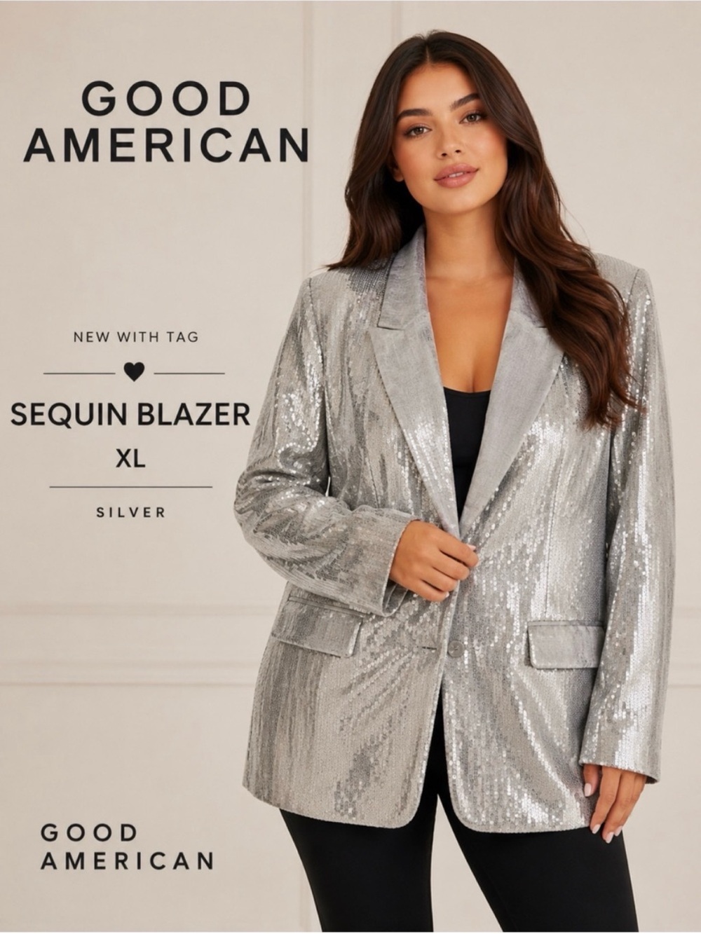 Good American Silver Sequin Blazer — Shimmery Notch Lapel